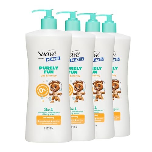 Suave Kids Purely Fun 3 in 1 Shampoo, Conditioner & Body Wash with Oat & Honey, Tear-Free, Hypoallergenic, 4 Count (28 FL OZ Each) Avelisse
