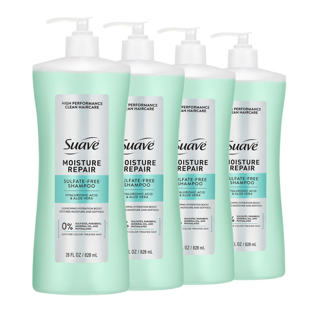 Suave Moisture Repair Sulfate-Free Shampoo with Hyaluronic Acid & Aloe Vera - Hydrates & Restores Dry, Damaged Hair, 4 Count (28 Fl Oz Each) Avelisse