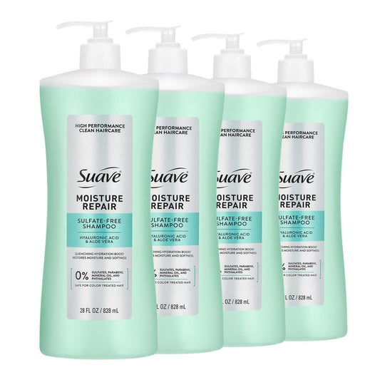 Suave Moisture Repair Sulfate-Free Shampoo with Hyaluronic Acid & Aloe Vera - Hydrates & Restores Dry, Damaged Hair, 4 Count (28 Fl Oz Each) Avelisse