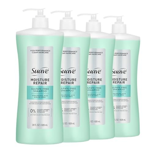 Suave Moisture Repair Sulfate-Free Shampoo with Hyaluronic Acid & Aloe Vera - Hydrates & Restores Dry, Damaged Hair, 4 Count (28 Fl Oz Each) Avelisse