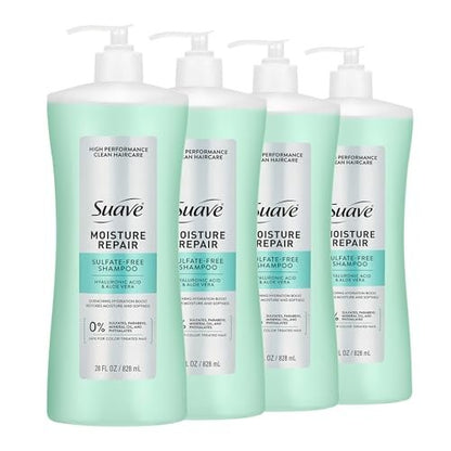 Suave Moisture Repair Sulfate-Free Shampoo with Hyaluronic Acid & Aloe Vera - Hydrates & Restores Dry, Damaged Hair, 4 Count (28 Fl Oz Each) Avelisse