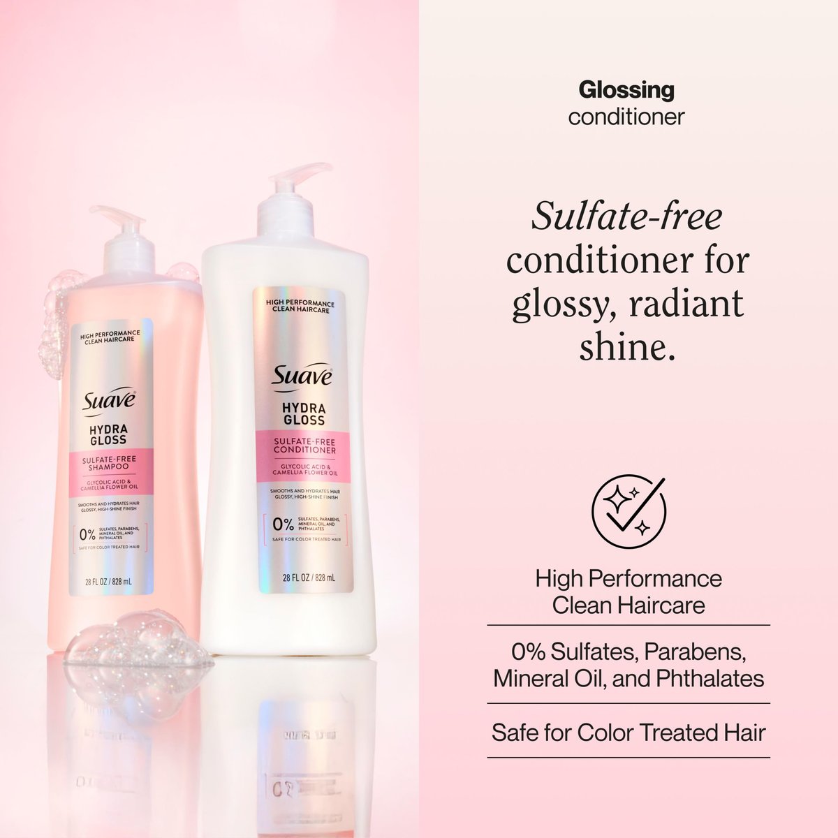 Suave Hydra Gloss Sulfate Free Conditioner with Glycolic Acid & Camellia Flower Oil - Hydrated, Smooth, Glossy Shine, 28 Fl Oz (Pack of 4) Avelisse