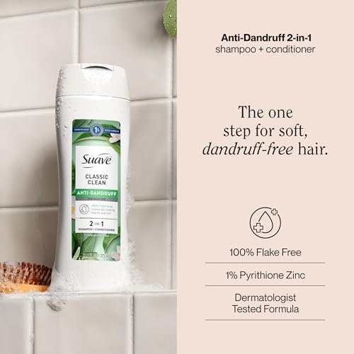 Suave Anti Dandruff 2-in-1 Shampoo & Conditioner for Women, Classic Clean, 1% Pyrithione Zinc Dandruff Treatment, Controls Flakes, Itch & Dry Scalp, 6 Count, 12.6 FL OZ Each Avelisse