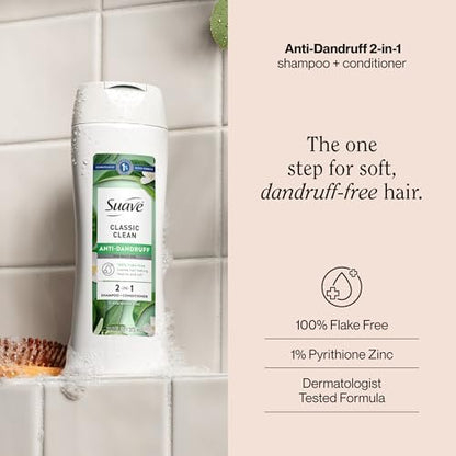 Suave Anti Dandruff 2-in-1 Shampoo & Conditioner for Women, Classic Clean, 1% Pyrithione Zinc Dandruff Treatment, Controls Flakes, Itch & Dry Scalp, 6 Count, 12.6 FL OZ Each Avelisse