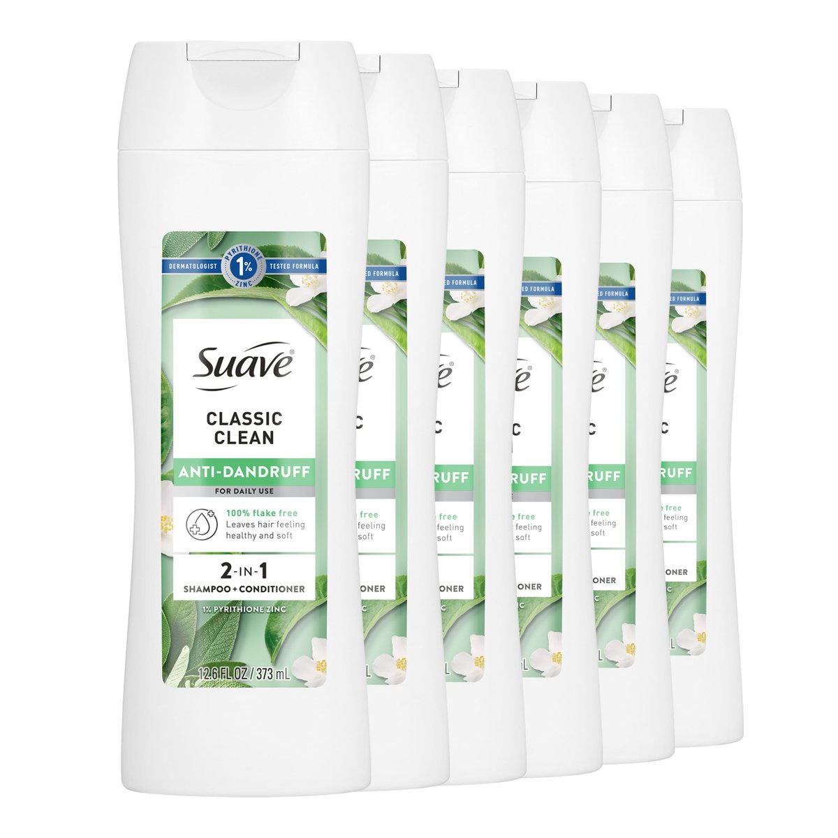 Suave Anti Dandruff 2-in-1 Shampoo & Conditioner for Women, Classic Clean, 1% Pyrithione Zinc Dandruff Treatment, Controls Flakes, Itch & Dry Scalp, 6 Count, 12.6 FL OZ Each Avelisse