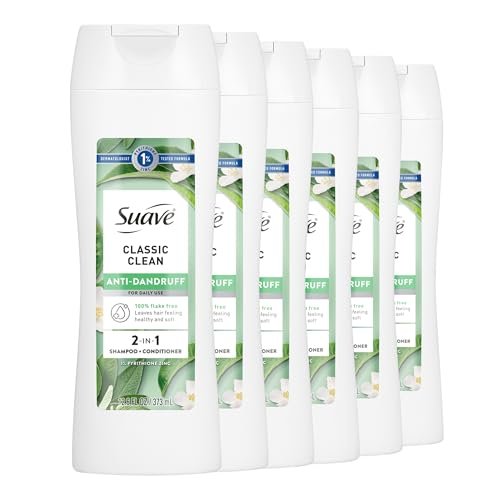 Suave Anti Dandruff 2-in-1 Shampoo & Conditioner for Women, Classic Clean, 1% Pyrithione Zinc Dandruff Treatment, Controls Flakes, Itch & Dry Scalp, 6 Count, 12.6 FL OZ Each Avelisse