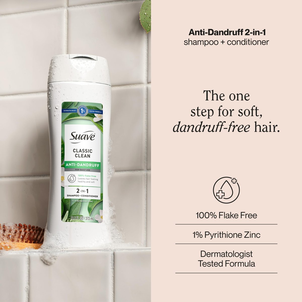 Suave Anti Dandruff 2-in-1 Shampoo & Conditioner for Women, Classic Clean, 1% Pyrithione Zinc Dandruff Treatment, Controls Flakes, Itch & Dry Scalp, 6 Count, 12.6 FL OZ Each Avelisse