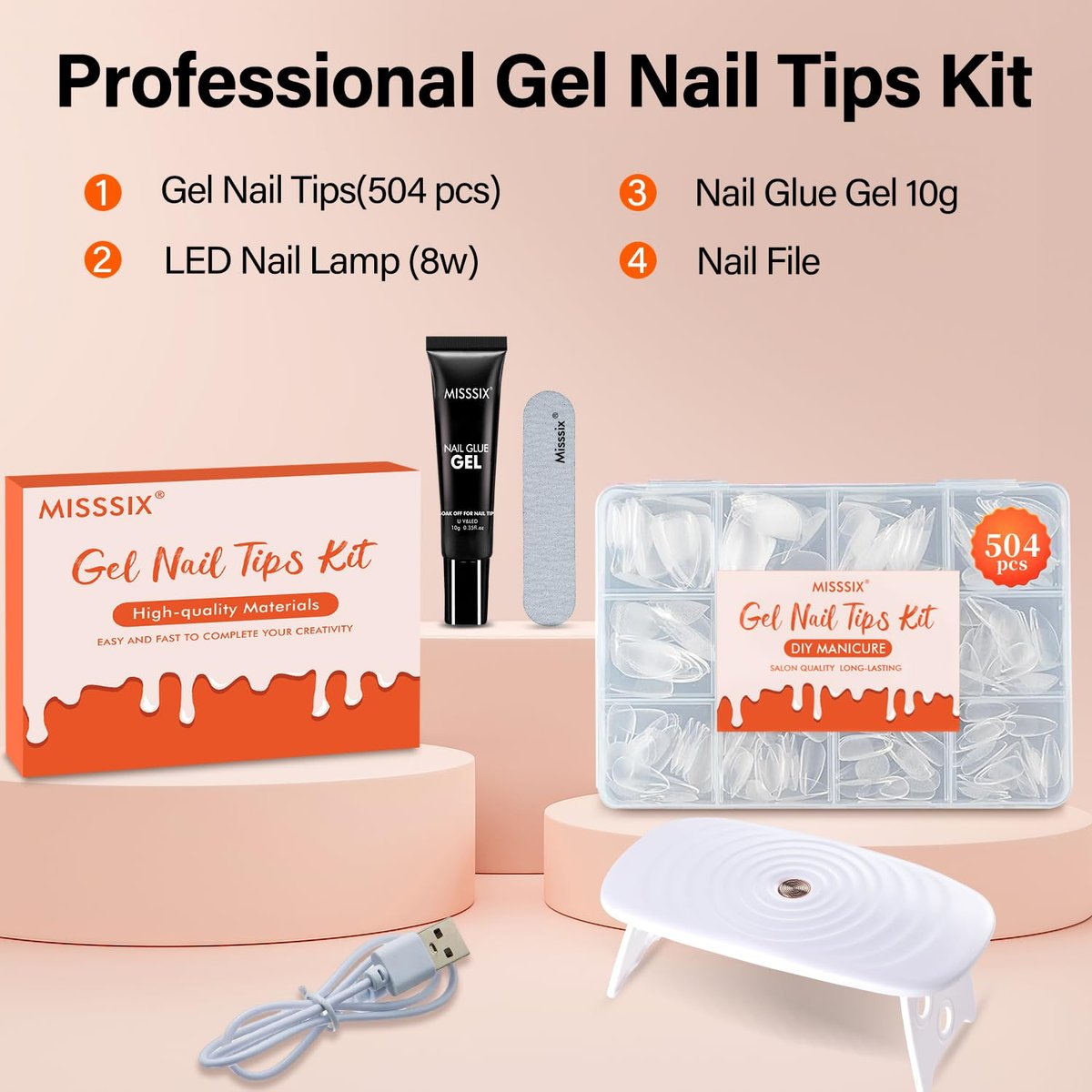 Misssix 504Pcs Short Almond Gel x Nail Tips Kit with Pre-Etched Clear Fake Nails, 9-in-1 Gel Glue & Mini UV Lamp, 12 Sizes for Women - görsel 11