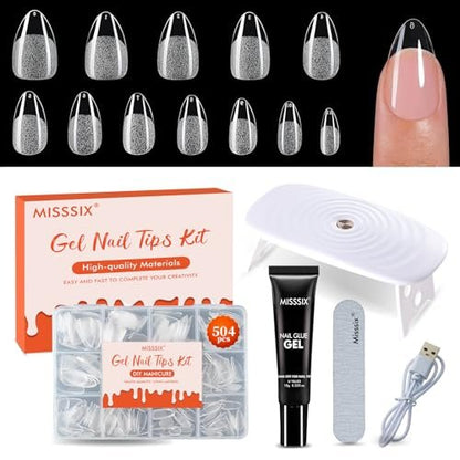 Misssix 504Pcs Short Almond Gel x Nail Tips Kit with Pre-Etched Clear Fake Nails, 9-in-1 Gel Glue & Mini UV Lamp, 12 Sizes for Women