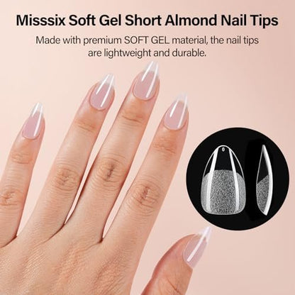 Misssix 504Pcs Short Almond Gel x Nail Tips Kit with Pre-Etched Clear Fake Nails, 9-in-1 Gel Glue & Mini UV Lamp, 12 Sizes for Women