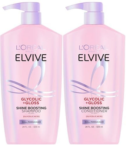 L'Oreal Paris Elvive Glycolic + Gloss Shine Boosting Shampoo and Conditioner Set, Cleanses and Smooths Dull, Porous Hair into High-Shine, Glossy Hair, 13.5 Fl Oz Each Avelisse