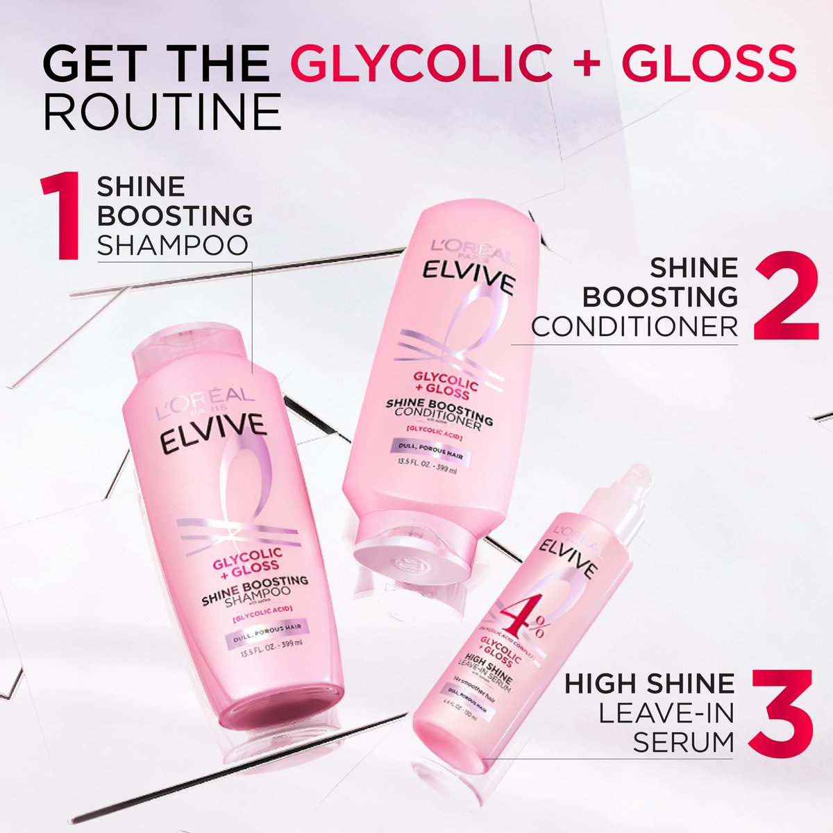 L'Oreal Paris Elvive Glycolic + Gloss Shine Boosting Shampoo and Conditioner Set, Cleanses and Smooths Dull, Porous Hair into High-Shine, Glossy Hair, 13.5 Fl Oz Each Avelisse
