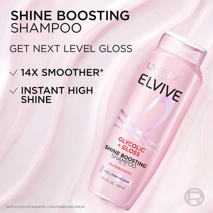 L'Oreal Paris Elvive Glycolic + Gloss Shine Boosting Shampoo and Conditioner Set, Cleanses and Smooths Dull, Porous Hair into High-Shine, Glossy Hair, 13.5 Fl Oz Each Avelisse