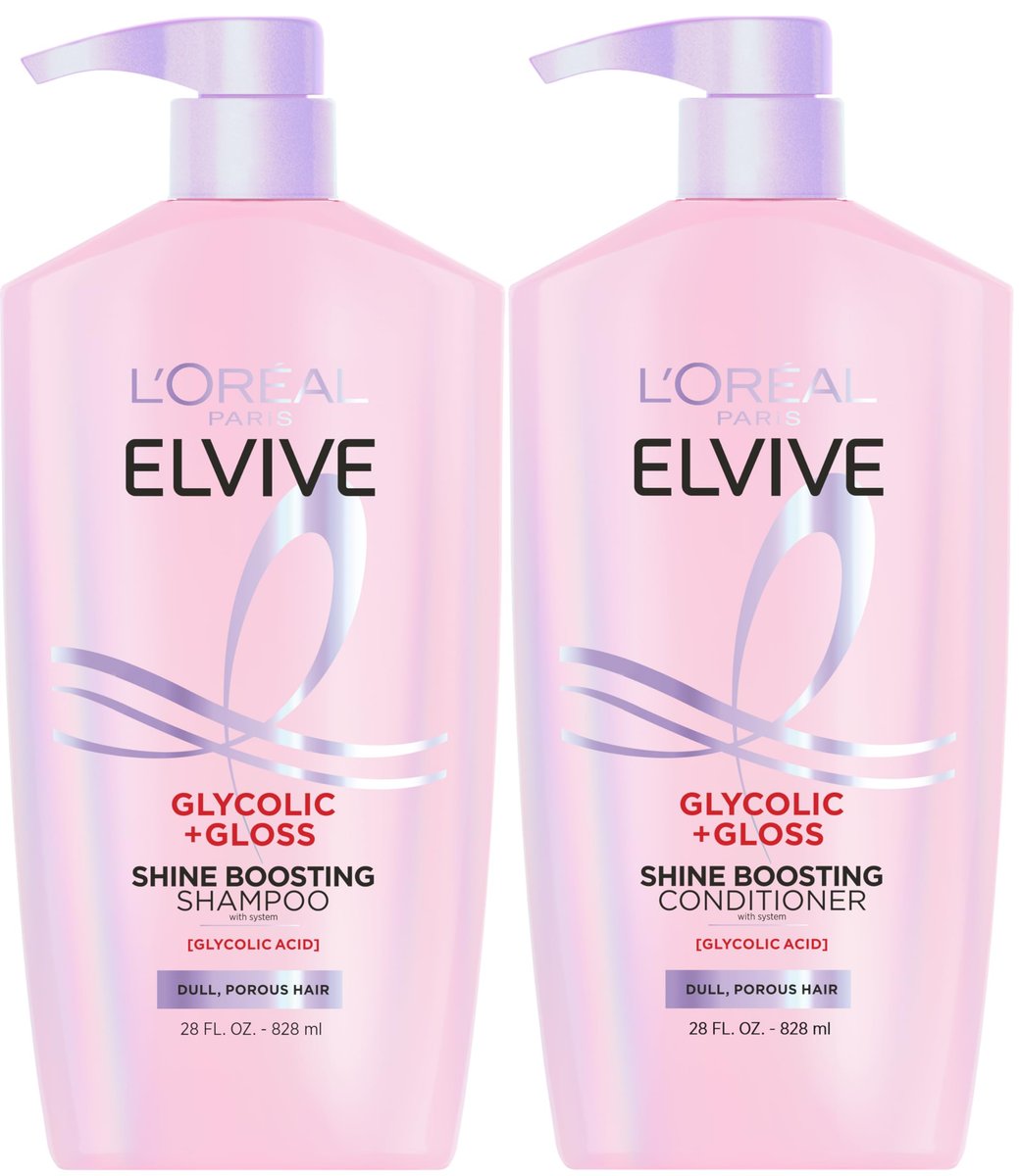 L'Oreal Paris Elvive Glycolic + Gloss Shine Boosting Shampoo and Conditioner Set, Cleanses and Smooths Dull, Porous Hair into High-Shine, Glossy Hair, 13.5 Fl Oz Each Avelisse