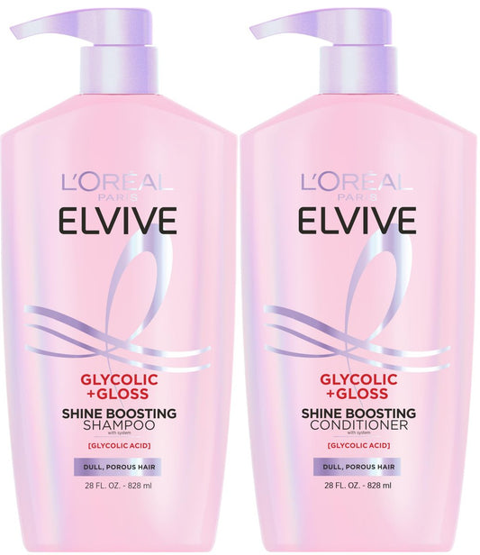 L'Oreal Paris Elvive Glycolic + Gloss Shine Boosting Shampoo and Conditioner Set, Cleanses and Smooths Dull, Porous Hair into High-Shine, Glossy Hair, 13.5 Fl Oz Each Avelisse