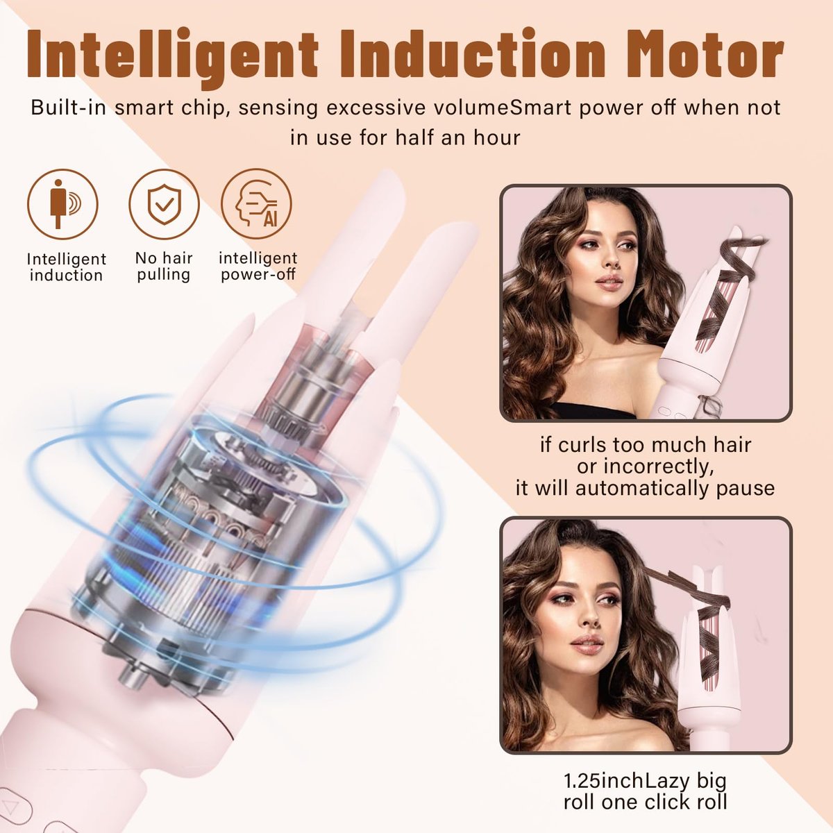 Auto Hair Curler with 3 Temperature Settings - Automatic Rotating Curling Iron for Long Hair, Anti-Scald & Anti-Tangle, Pastel Pink Avelisse