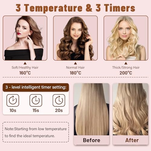 Auto Hair Curler with 3 Temperature Settings - Automatic Rotating Curling Iron for Long Hair, Anti-Scald & Anti-Tangle, Pastel Pink Avelisse