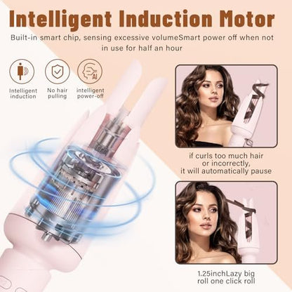 Auto Hair Curler with 3 Temperature Settings - Automatic Rotating Curling Iron for Long Hair, Anti-Scald & Anti-Tangle, Pastel Pink Avelisse