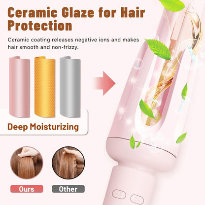 Auto Hair Curler with 3 Temperature Settings - Automatic Rotating Curling Iron for Long Hair, Anti-Scald & Anti-Tangle, Pastel Pink Avelisse