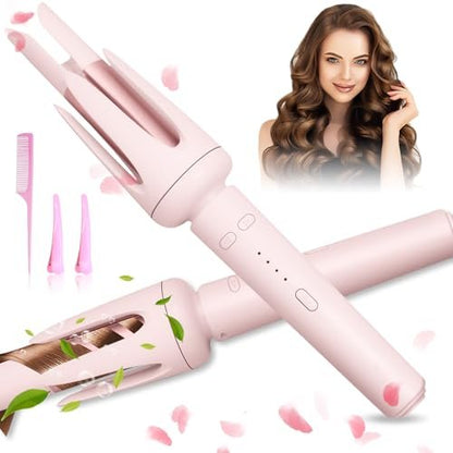 Auto Hair Curler with 3 Temperature Settings - Automatic Rotating Curling Iron for Long Hair, Anti-Scald & Anti-Tangle, Pastel Pink Avelisse