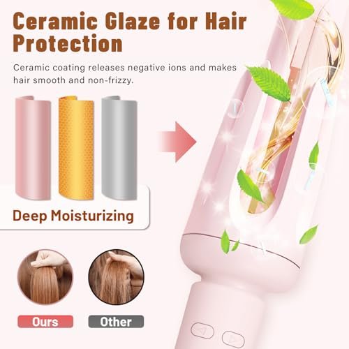 Auto Hair Curler with 3 Temperature Settings - Automatic Rotating Curling Iron for Long Hair, Anti-Scald & Anti-Tangle, Pastel Pink Avelisse