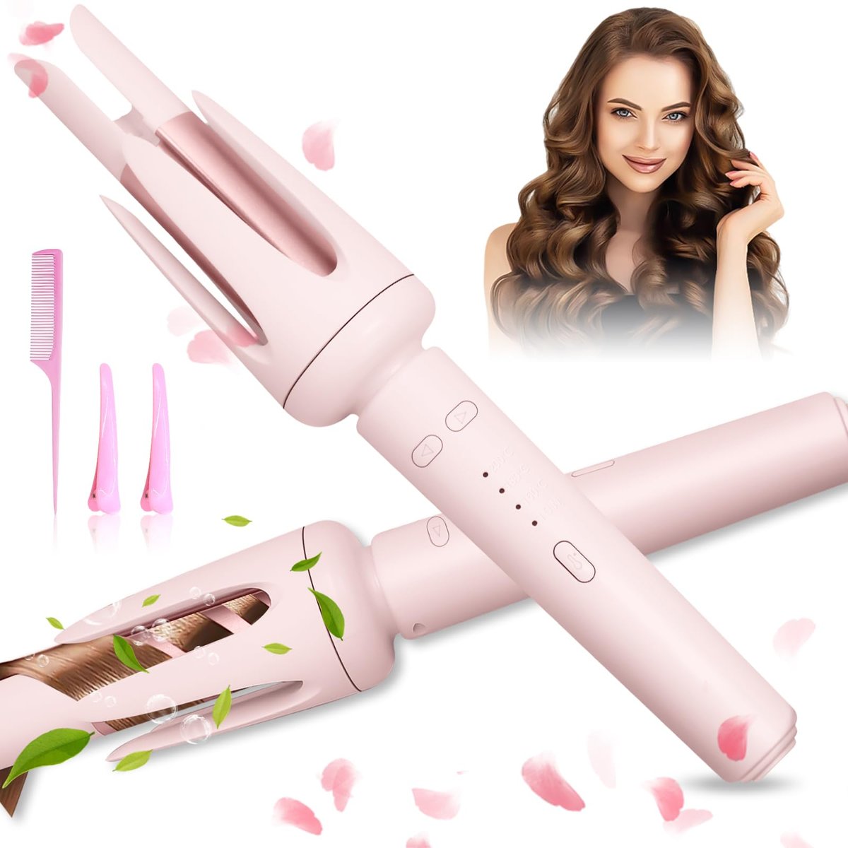 Auto Hair Curler with 3 Temperature Settings - Automatic Rotating Curling Iron for Long Hair, Anti-Scald & Anti-Tangle, Pastel Pink Avelisse