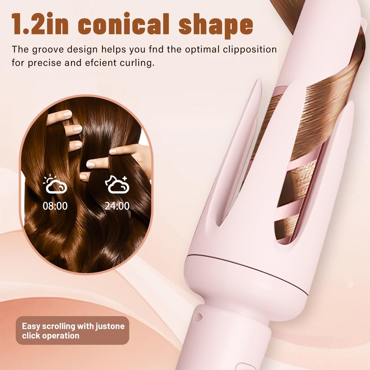 Auto Hair Curler with 3 Temperature Settings - Automatic Rotating Curling Iron for Long Hair, Anti-Scald & Anti-Tangle, Pastel Pink Avelisse