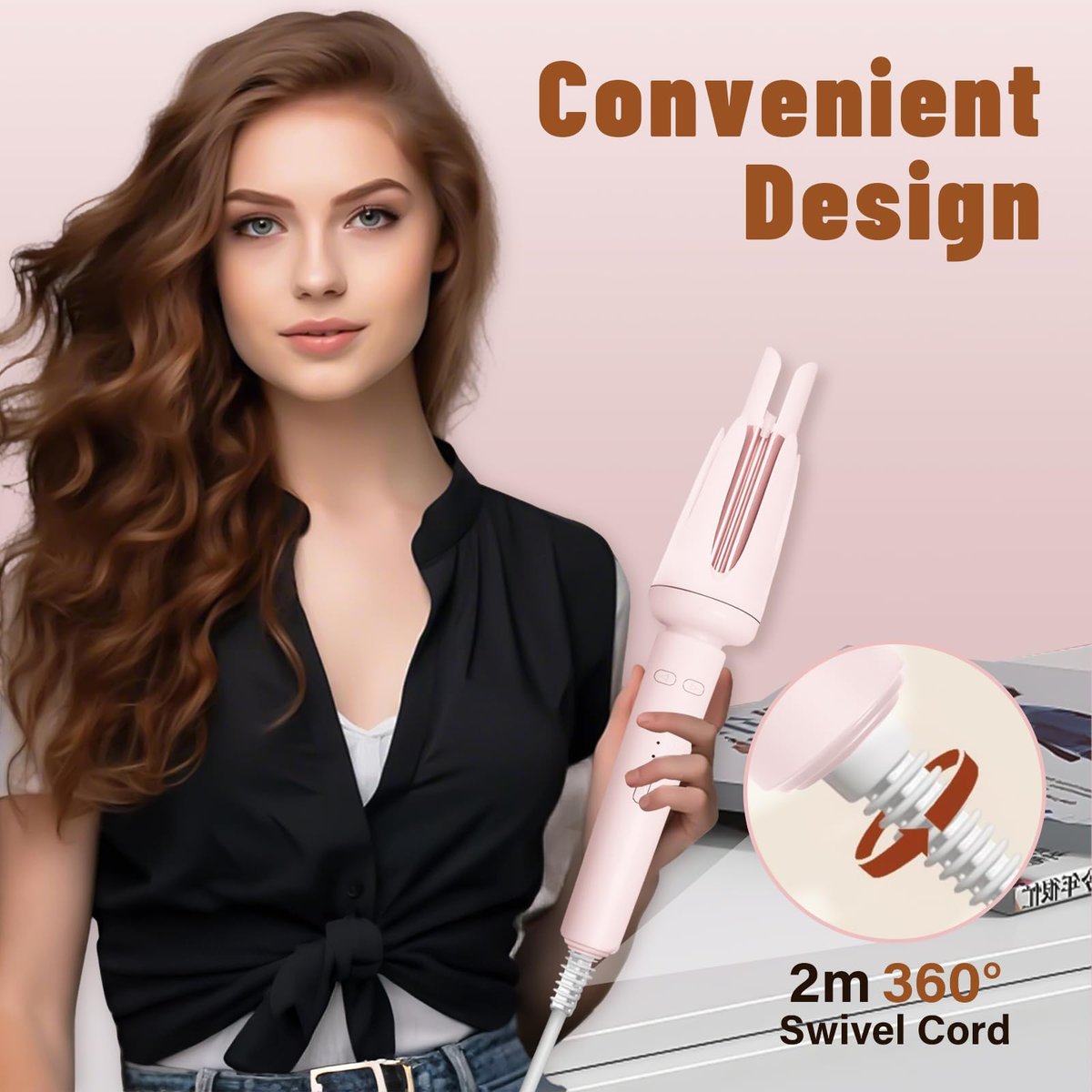 Auto Hair Curler with 3 Temperature Settings - Automatic Rotating Curling Iron for Long Hair, Anti-Scald & Anti-Tangle, Pastel Pink Avelisse