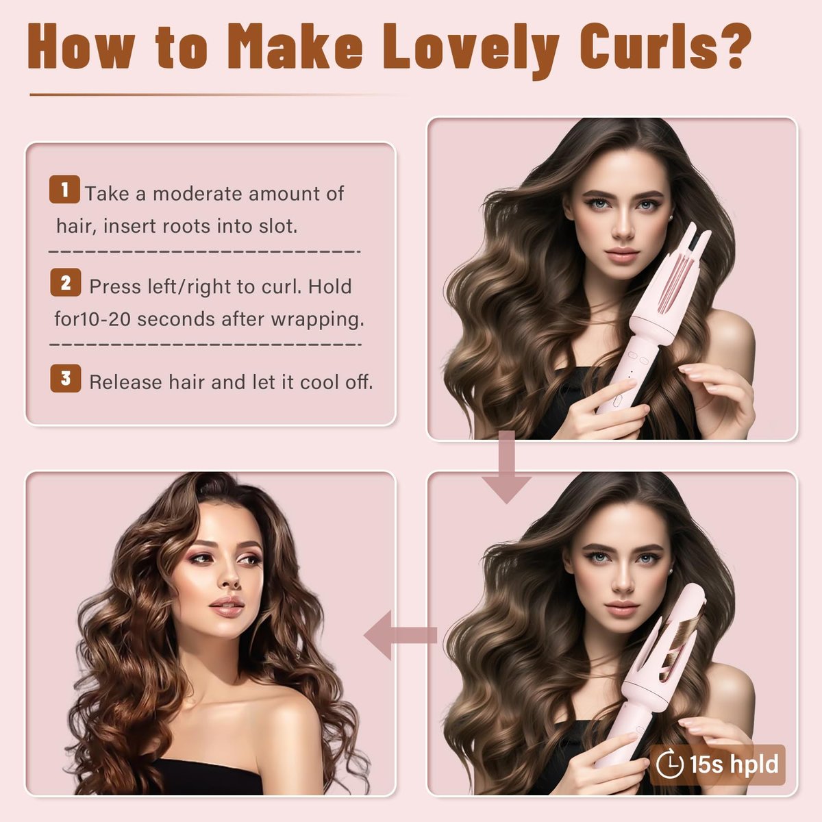 Auto Hair Curler with 3 Temperature Settings - Automatic Rotating Curling Iron for Long Hair, Anti-Scald & Anti-Tangle, Pastel Pink Avelisse