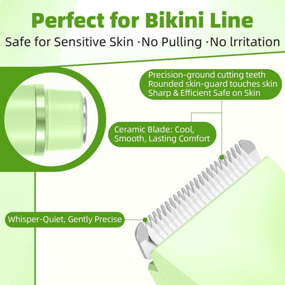 EcoVibe Bikini Trimmer Electric Razor for Women’s Sensitive Skin, IPX67 Waterproof Pubic Hair Trimmer, USB-C Rechargeable Cordless Body Shaver for Bikini Line & Underarms