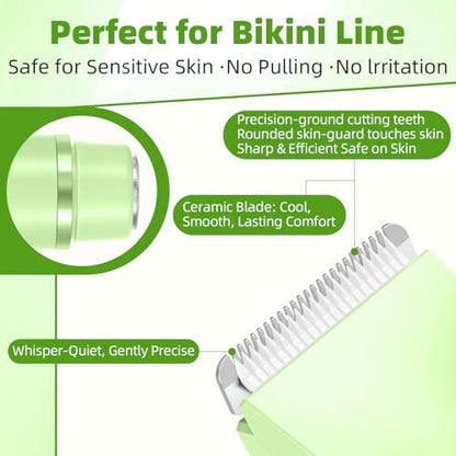 EcoVibe Bikini Trimmer Electric Razor for Women’s Sensitive Skin, IPX67 Waterproof Pubic Hair Trimmer, USB-C Rechargeable Cordless Body Shaver for Bikini Line & Underarms