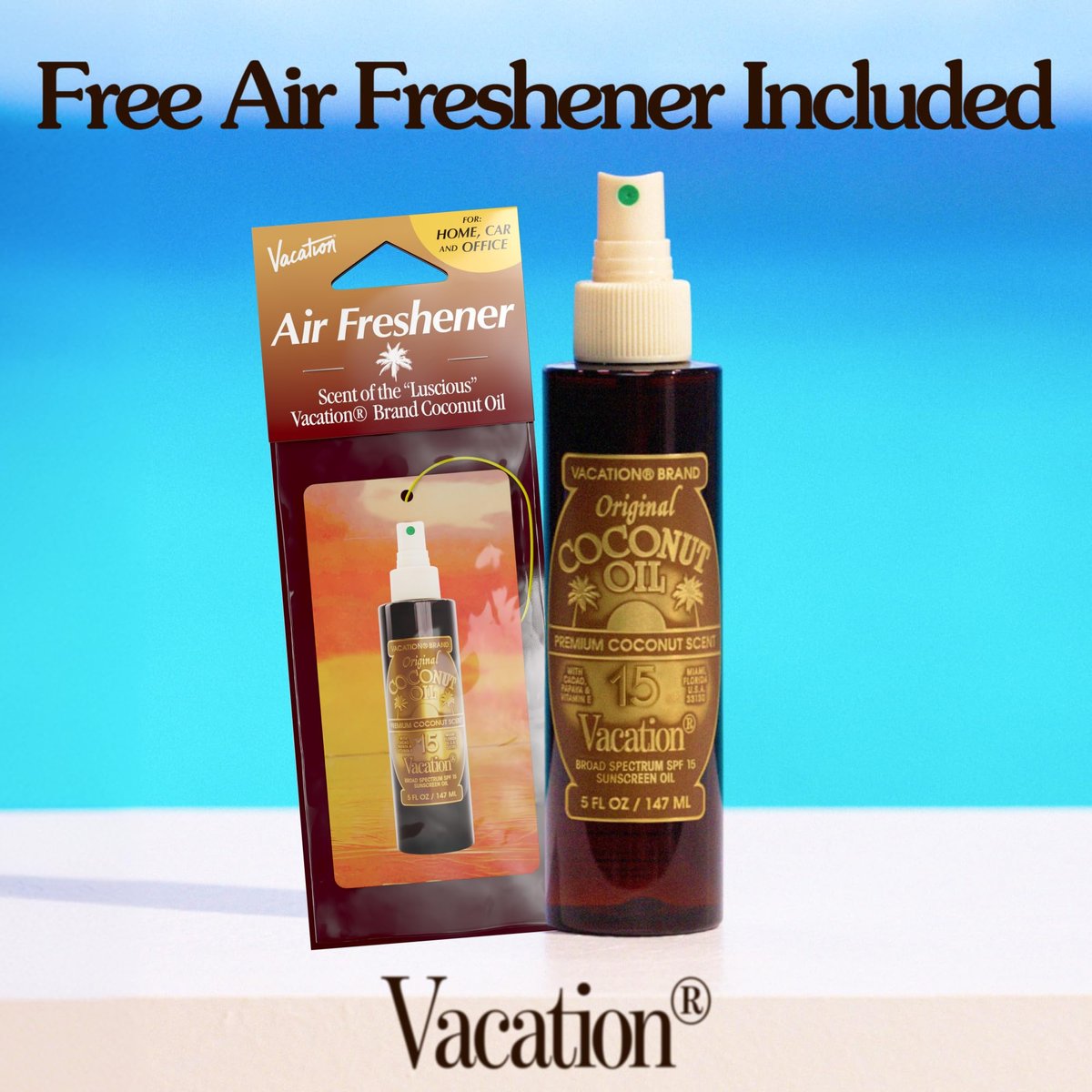 Vacation Coconut Oil SPF 15 & Air Freshener Bundle, Lightweight Sunscreen Oil Spray, Transparent On All Skin Tones, Hydrating & Nourishing, Non-Greasy Finish, 5 Fl. Oz. Avelisse