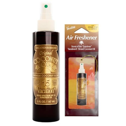 Vacation Coconut Oil SPF 15 & Air Freshener Bundle, Lightweight Sunscreen Oil Spray, Transparent On All Skin Tones, Hydrating & Nourishing, Non-Greasy Finish, 5 Fl. Oz. Avelisse
