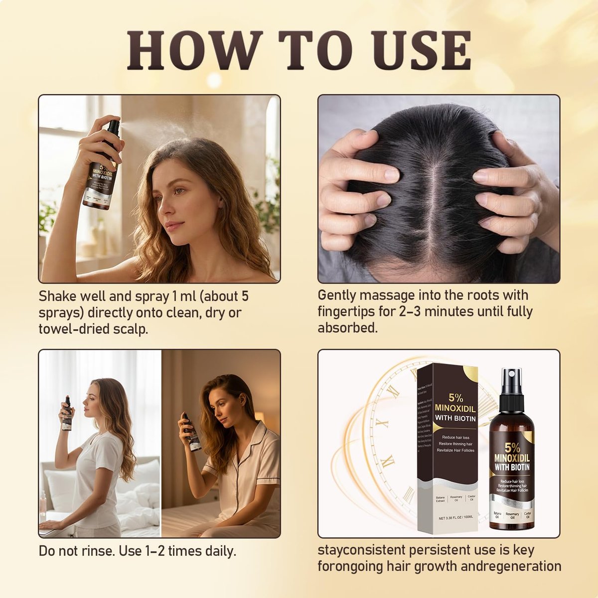 5% Minoxidil Hair Growth Spray for Men & Women with Biotin, Rosemary & Batana Extracts - Extra Strength Treatment for Hair Loss, Thinning & Beard Regrowth, 3.38 Fl Oz - görsel 11