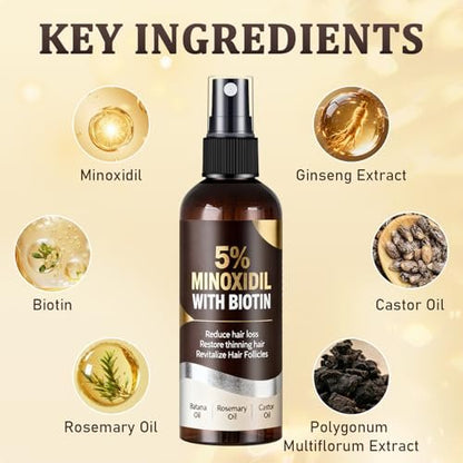 5% Minoxidil Hair Growth Spray for Men & Women with Biotin, Rosemary & Batana Extracts - Extra Strength Treatment for Hair Loss, Thinning & Beard Regrowth, 3.38 Fl Oz