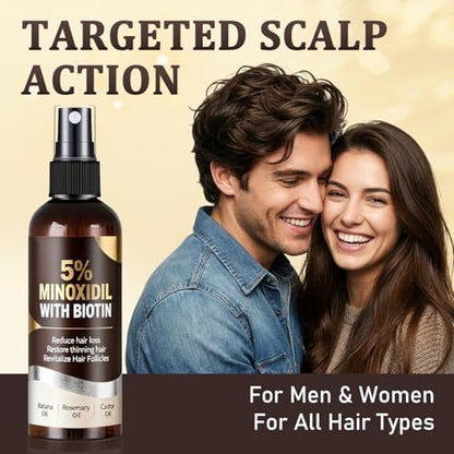 5% Minoxidil Hair Growth Spray for Men & Women with Biotin, Rosemary & Batana Extracts - Extra Strength Treatment for Hair Loss, Thinning & Beard Regrowth, 3.38 Fl Oz