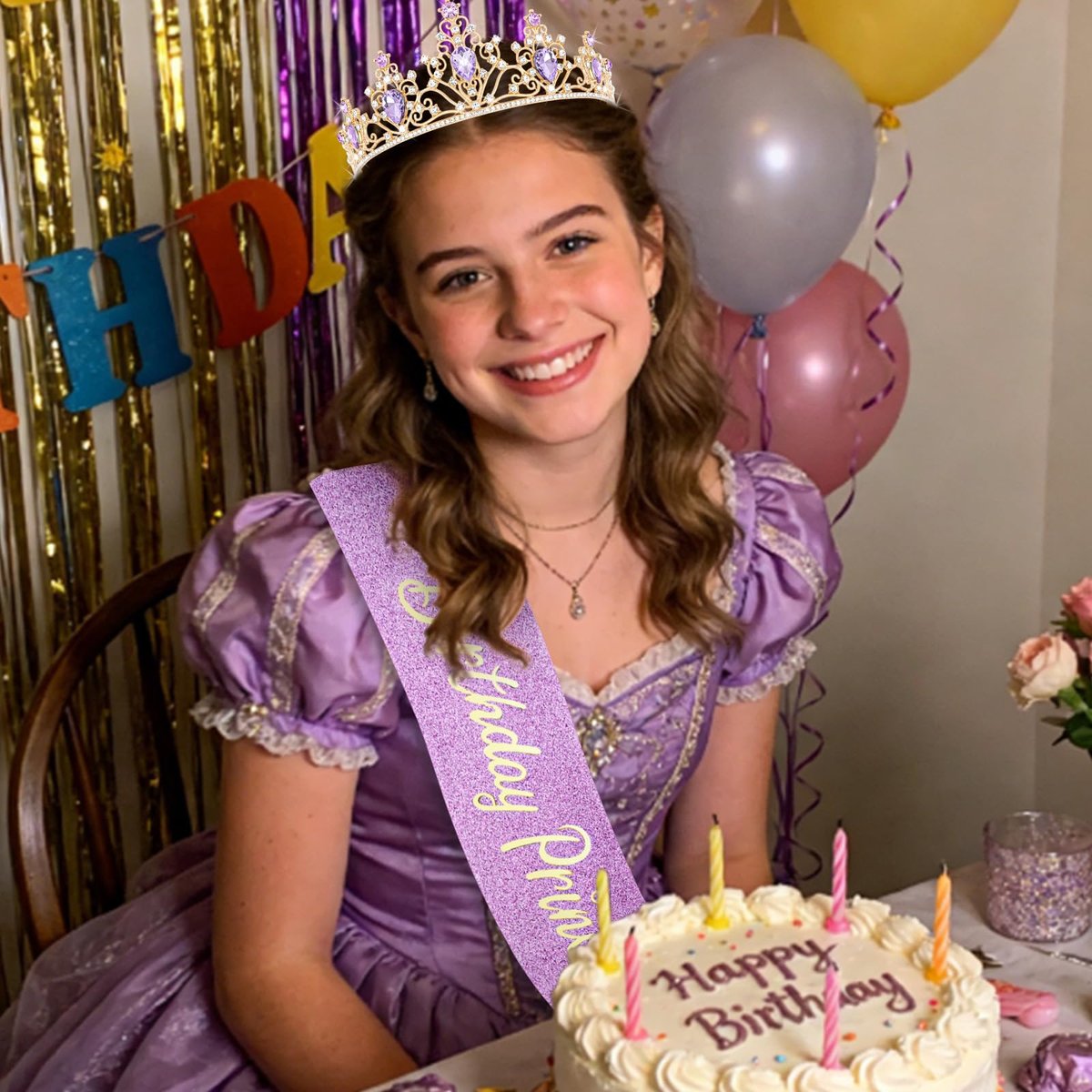 CURASA Purple and Gold Birthday Princess Crown and Sash for Women - Tiara and Sash Set, Party Hair Accessories - görsel 7