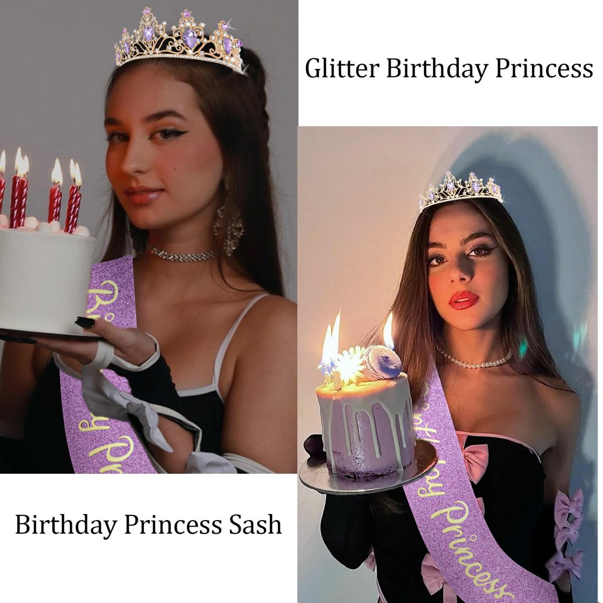 CURASA Purple and Gold Birthday Princess Crown and Sash for Women - Tiara and Sash Set, Party Hair Accessories - görsel 5
