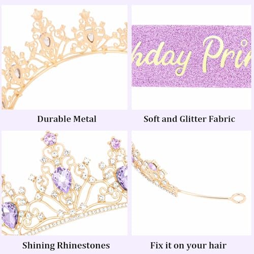 CURASA Purple and Gold Birthday Princess Crown and Sash for Women - Tiara and Sash Set, Party Hair Accessories - görsel 12