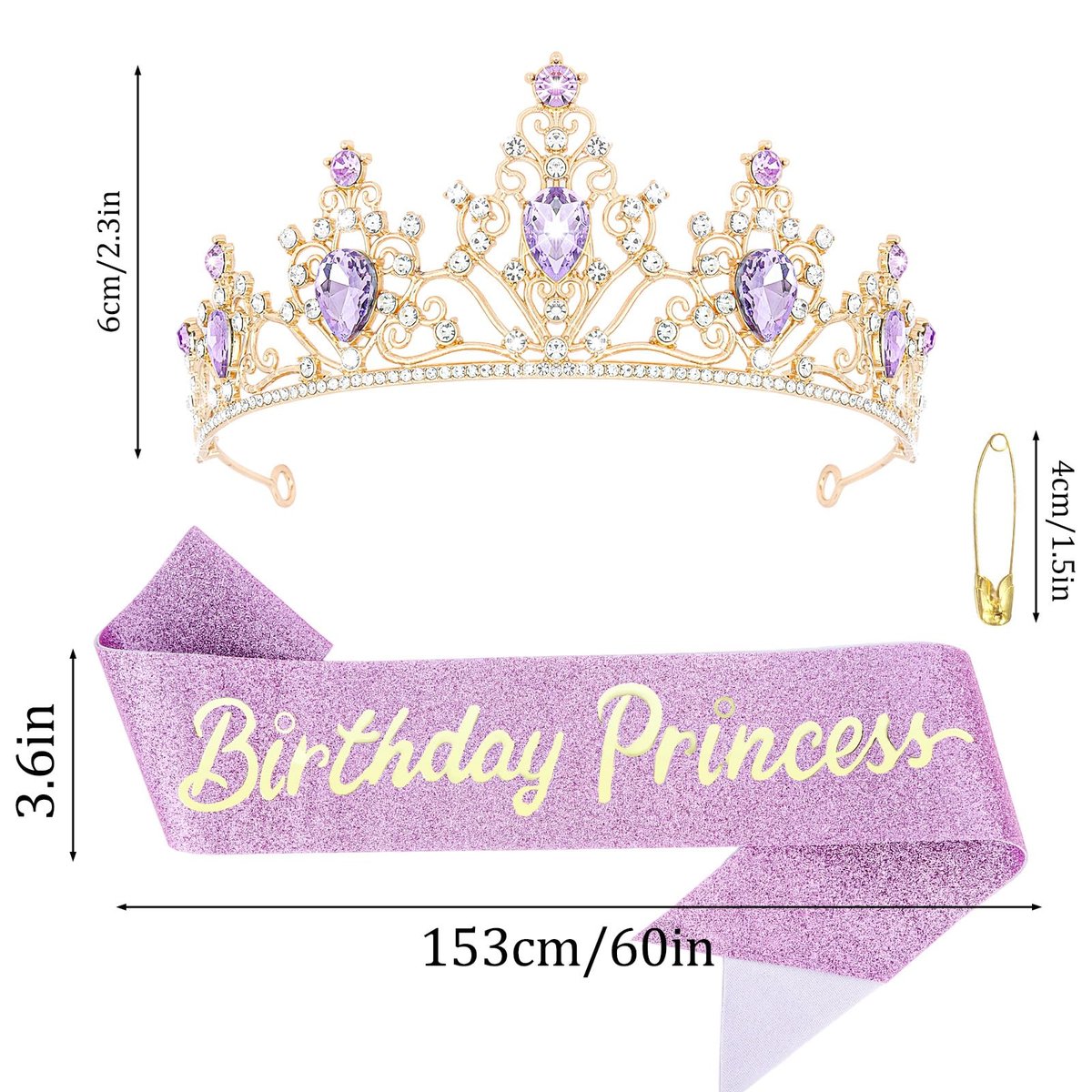 CURASA Purple and Gold Birthday Princess Crown and Sash for Women - Tiara and Sash Set, Party Hair Accessories - görsel 3