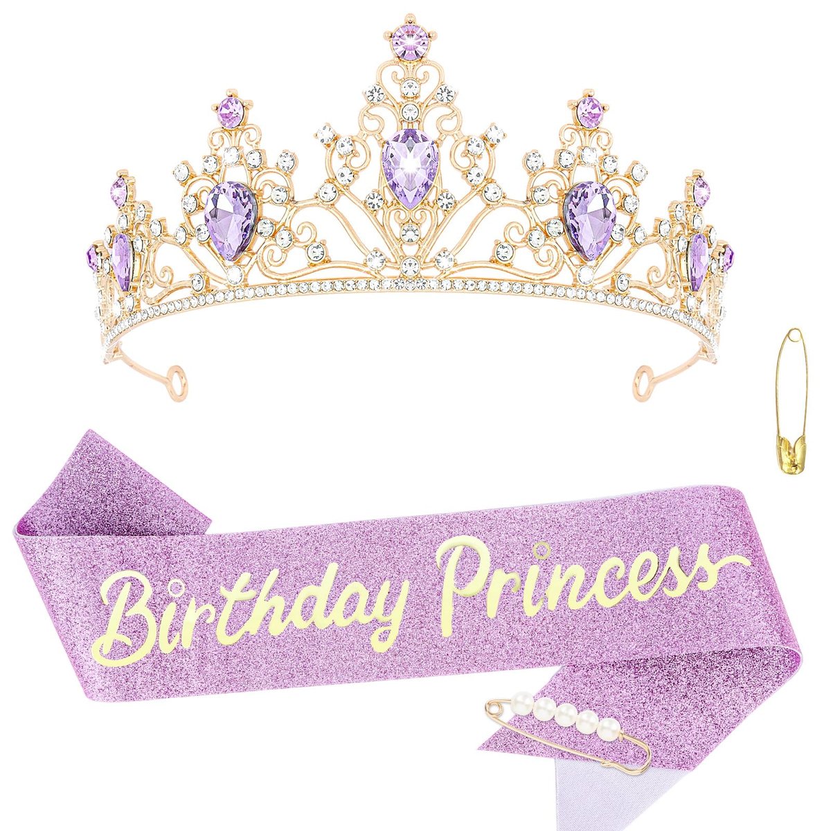 CURASA Purple and Gold Birthday Princess Crown and Sash for Women - Tiara and Sash Set, Party Hair Accessories - görsel 1