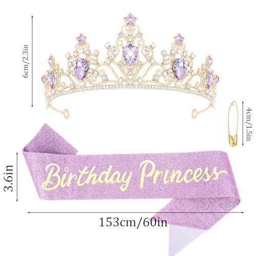 CURASA Purple and Gold Birthday Princess Crown and Sash for Women - Tiara and Sash Set, Party Hair Accessories - görsel 4