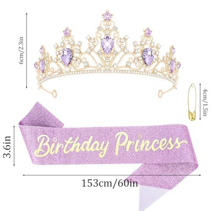 CURASA Purple and Gold Birthday Princess Crown and Sash for Women - Tiara and Sash Set, Party Hair Accessories