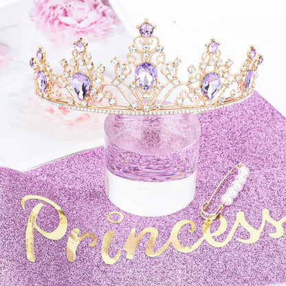 CURASA Purple and Gold Birthday Princess Crown and Sash for Women - Tiara and Sash Set, Party Hair Accessories