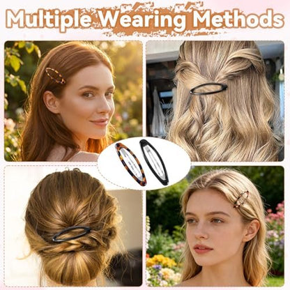 SmallCat 8 Pcs Metal Hair Barrettes for Women - Oval Large Barrettes & Small Snap Hair Clips, Flat Non-Slip Design (Black & Tortoise)