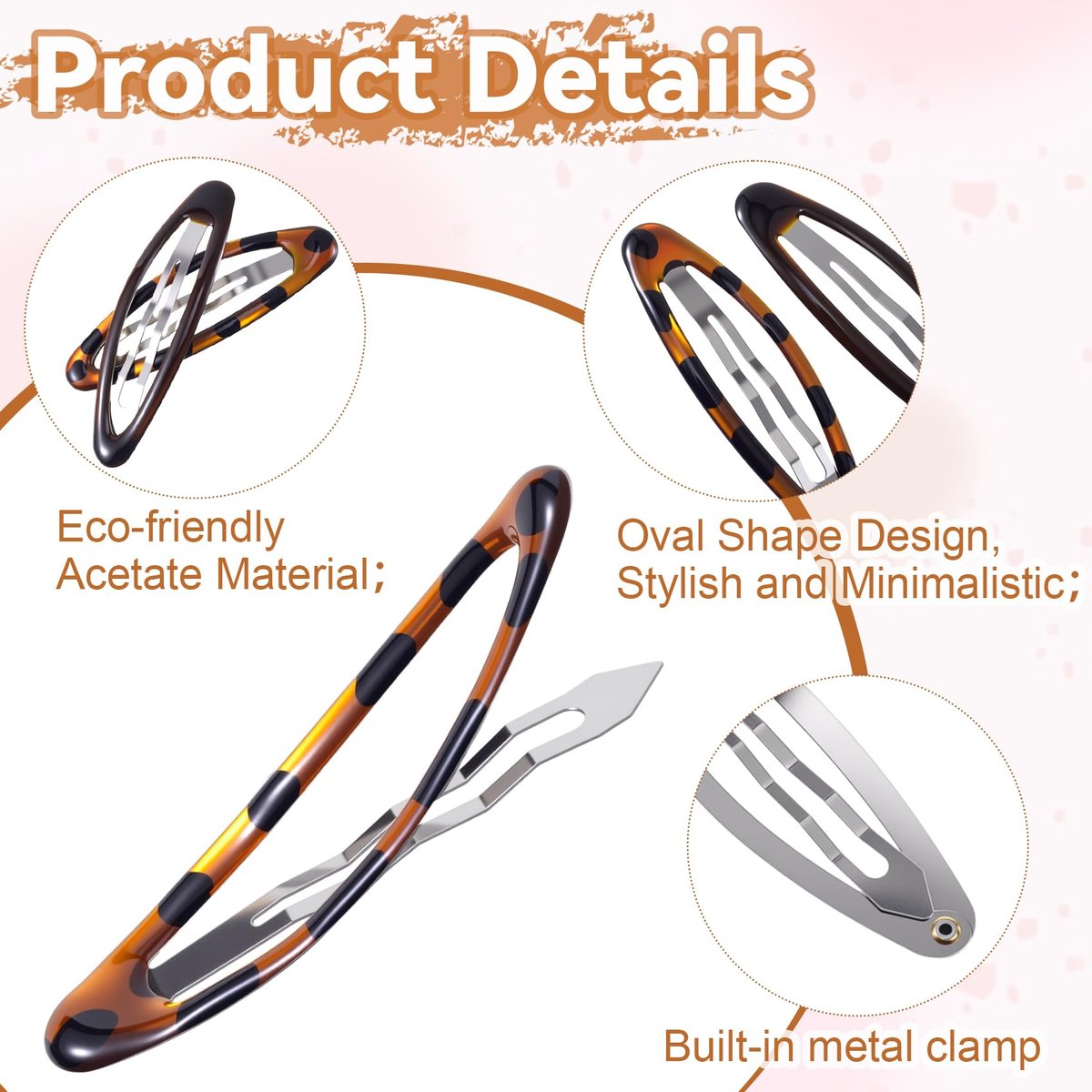 SmallCat 8 Pcs Metal Hair Barrettes for Women - Oval Large Barrettes & Small Snap Hair Clips, Flat Non-Slip Design (Black & Tortoise) - görsel 5