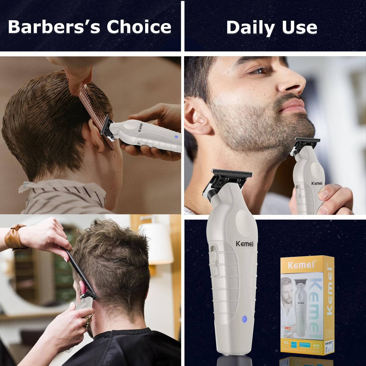 KEMEI 2299 Professional Cordless Beard & Hair Trimmer for Men, Zero Gapped Hair Clippers, Stainless Steel, Gray Avelisse