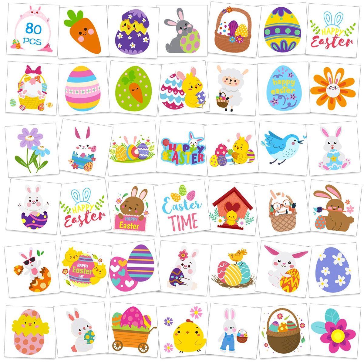 Konsait 80 Pcs Easter Temporary Tattoos – Bunny & Egg Tattoo Stickers for Kids, Easter Basket Fillers, Party Favors & Supplies - görsel 1