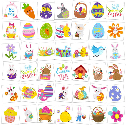Konsait 80 Pcs Easter Temporary Tattoos – Bunny & Egg Tattoo Stickers for Kids, Easter Basket Fillers, Party Favors & Supplies