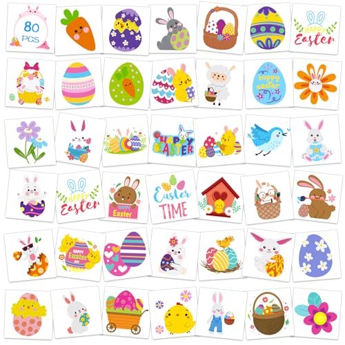 Konsait 80 Pcs Easter Temporary Tattoos – Bunny & Egg Tattoo Stickers for Kids, Easter Basket Fillers, Party Favors & Supplies - görsel 2